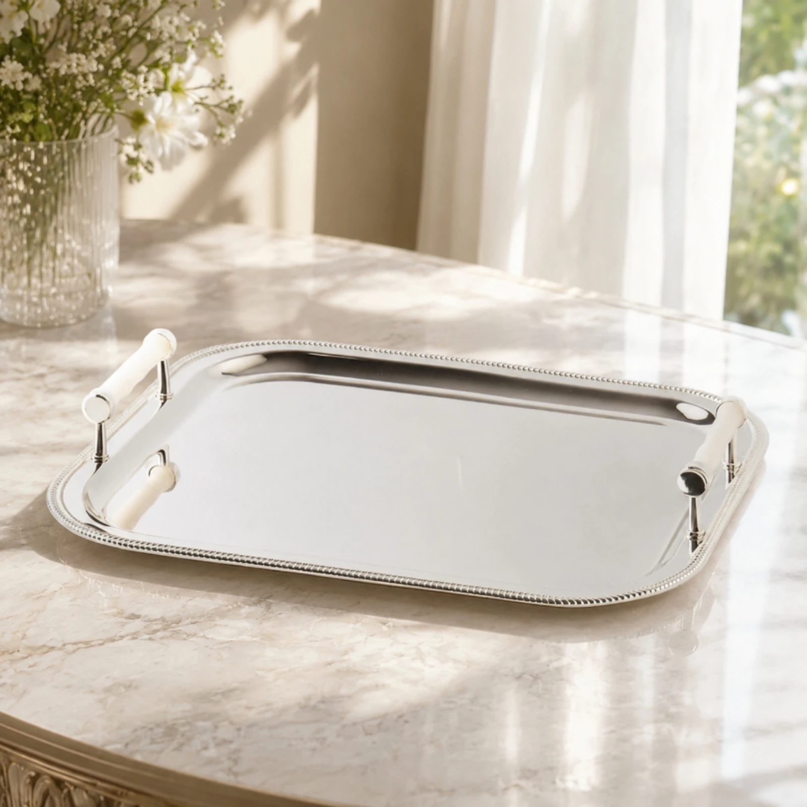 Stainless Steel Tray with Handles Polished Rectangular Tray with Handles Decorative Rust-Resistant for Dining Table, Vanity
