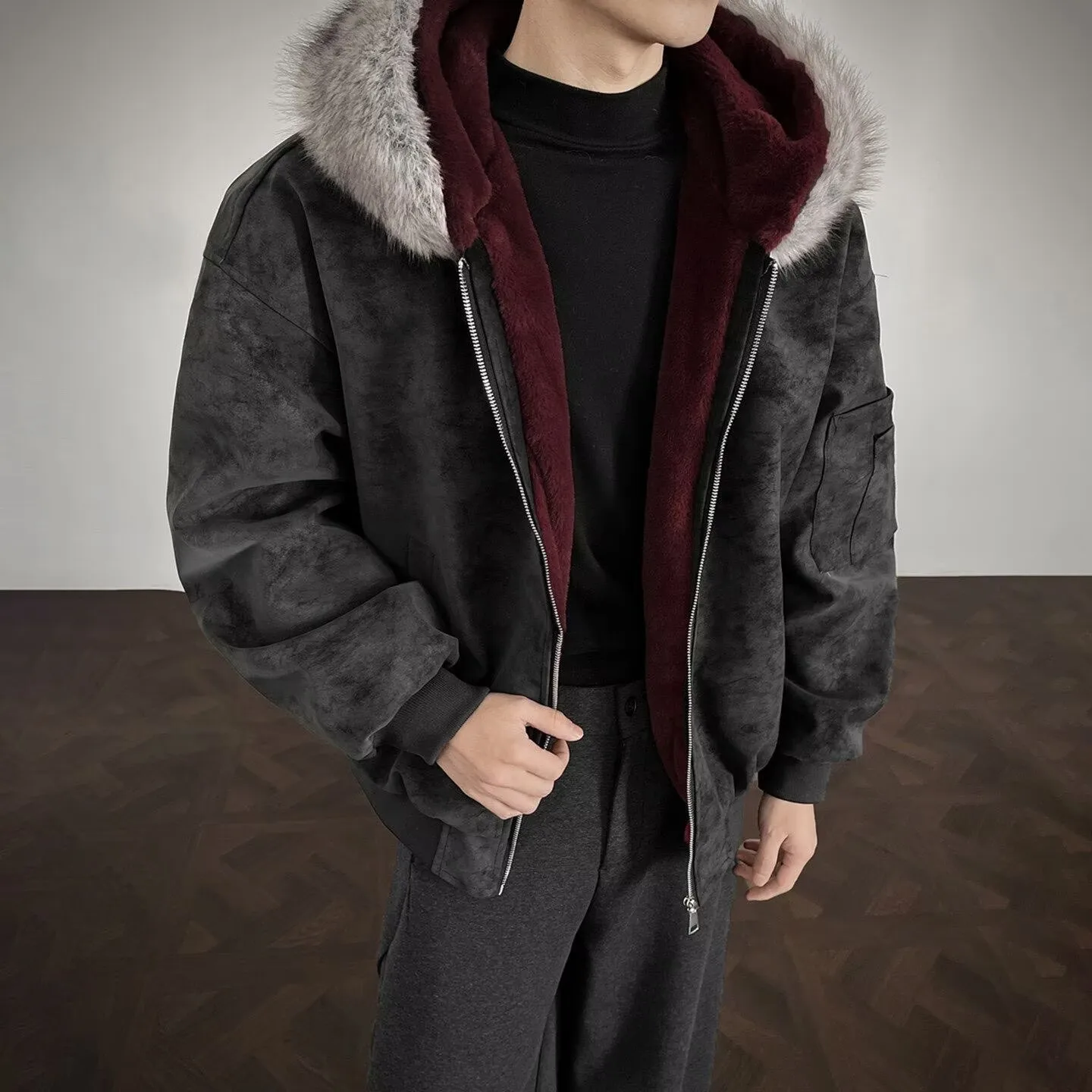 Red Faux Fur Lining Winter Coat Man Woman Winter Warm Thicken Fleece Hooded Jacket Padded  Plush Coats