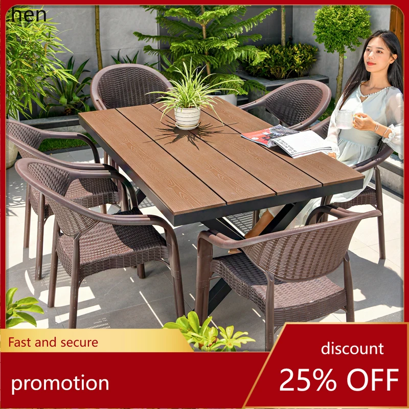 HXL Outdoor Plastic Wood Table and Chair Set for Courtyard, Waterproof and Sunproof, Leisure Terrace Set Combination