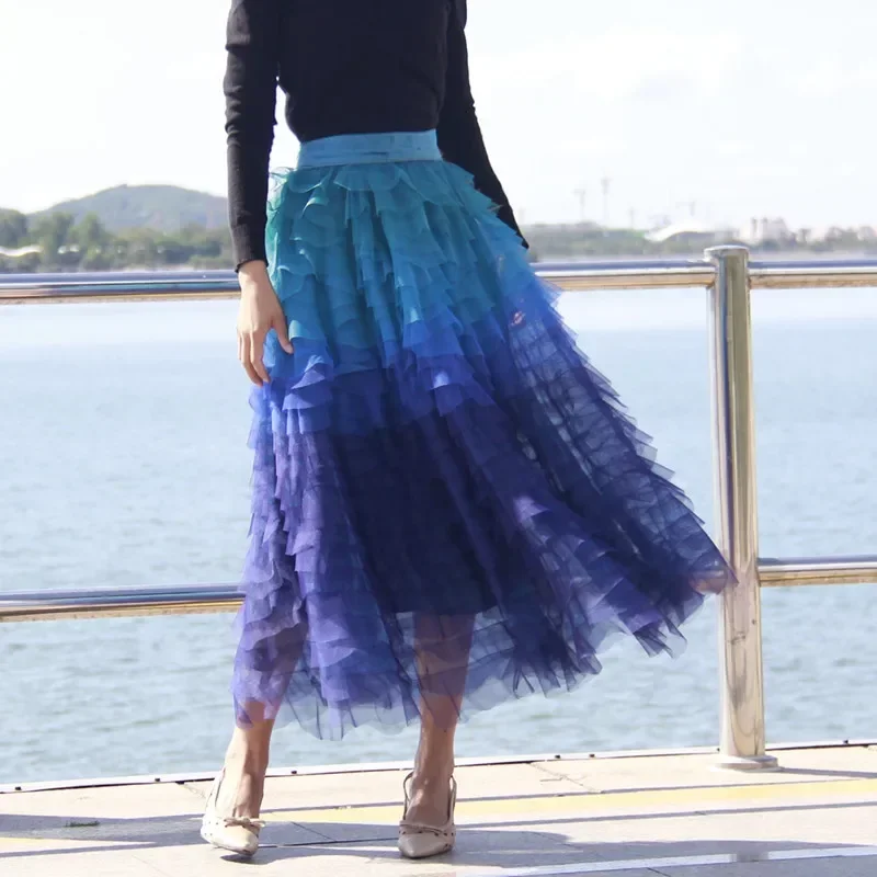 New multi level long blue gradient cake skirt to show thin mesh gauze  of tall waist A word collocation