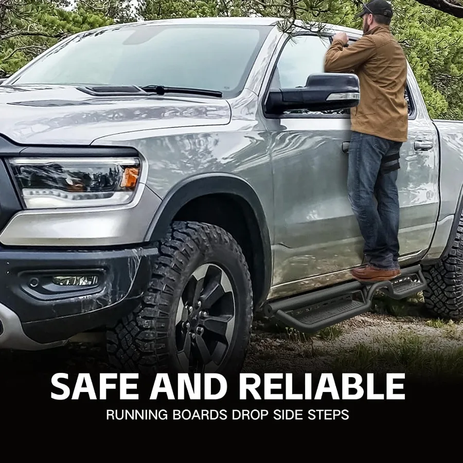 Pasos laterales de acero resistentes para cabina crew Dodge Ram 1500 2019-2025 con nuevo diseño de carrocería estribos atornillados con dos pasos