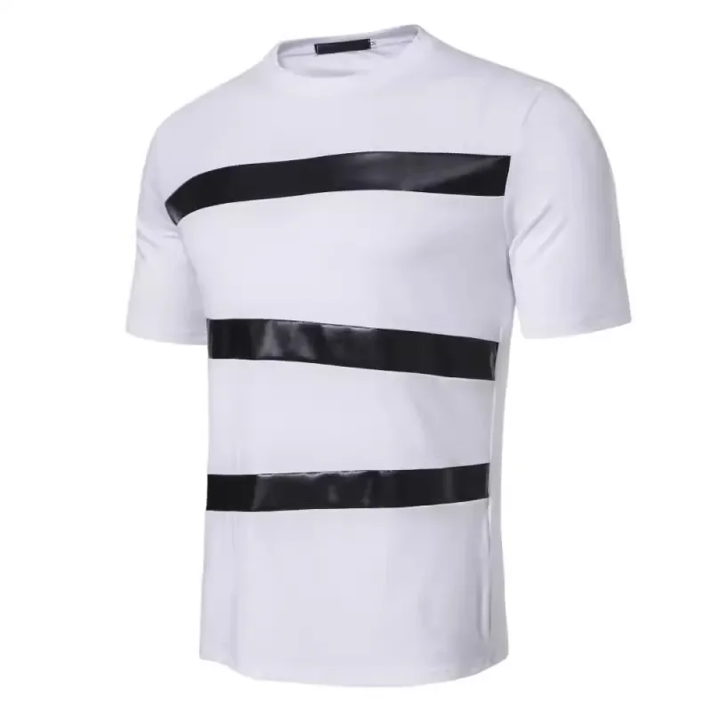 PU Leather Patchwork Men's T-shirt Summer Loose and Versatile Punk Style Casual Hip-hop Street Wear Men's Top