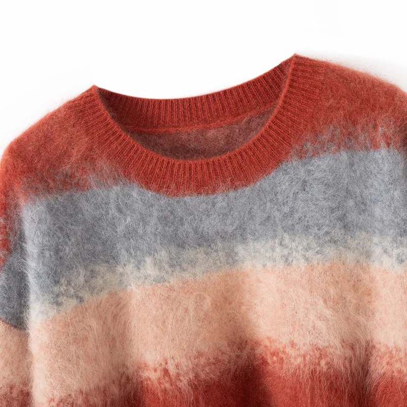 2025 Luxury Women's 100% Cashmere Sweater O-neck Long Sleeve Gradient Striped Pullover Soft Warm Basic High End Knitted Top