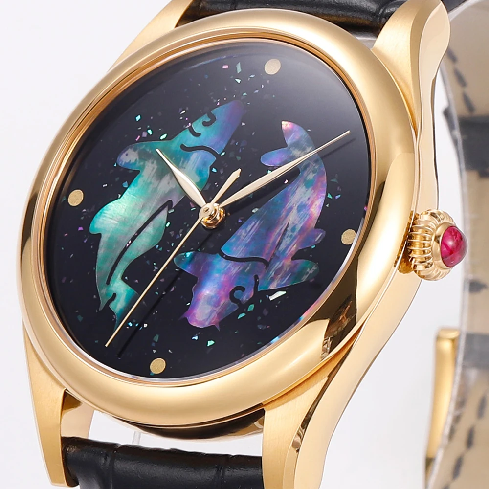 HUASUO Luxury 38mm Lacquer Mother-of-pearl Inlay Watches For Men Gold-plated Case 50m Waterproof Automatic Mechanical movement