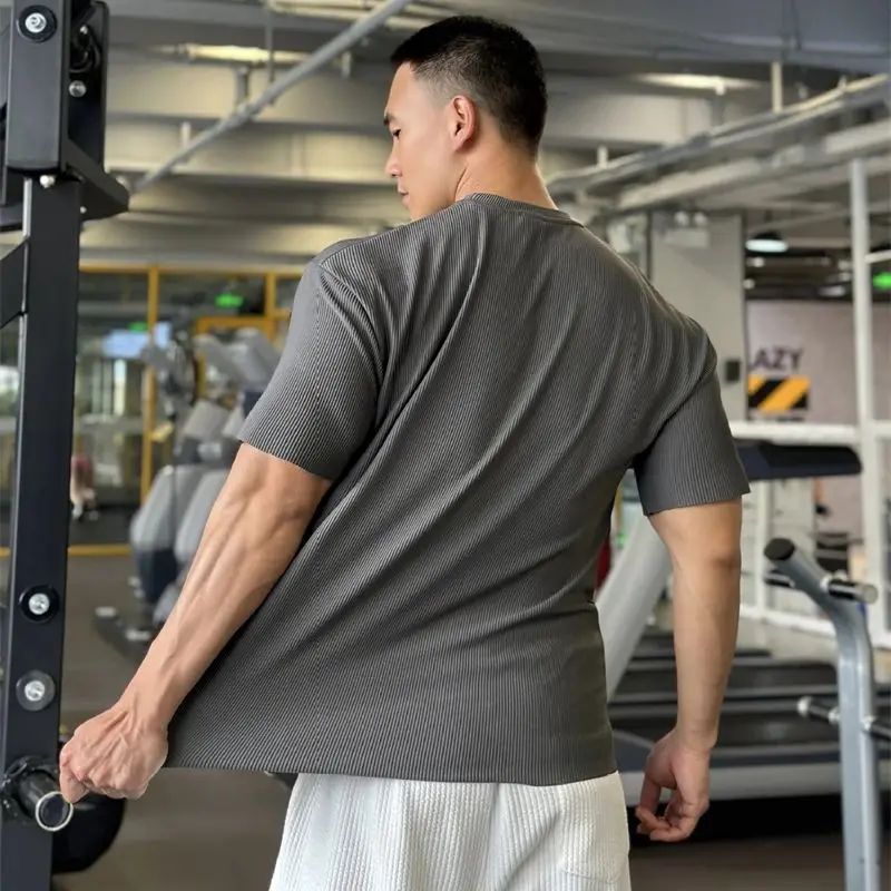 2024 summer new solid color vertical grain casual men's short-sleeved T-shirt top jogger elastic fitness crewneck sportwear