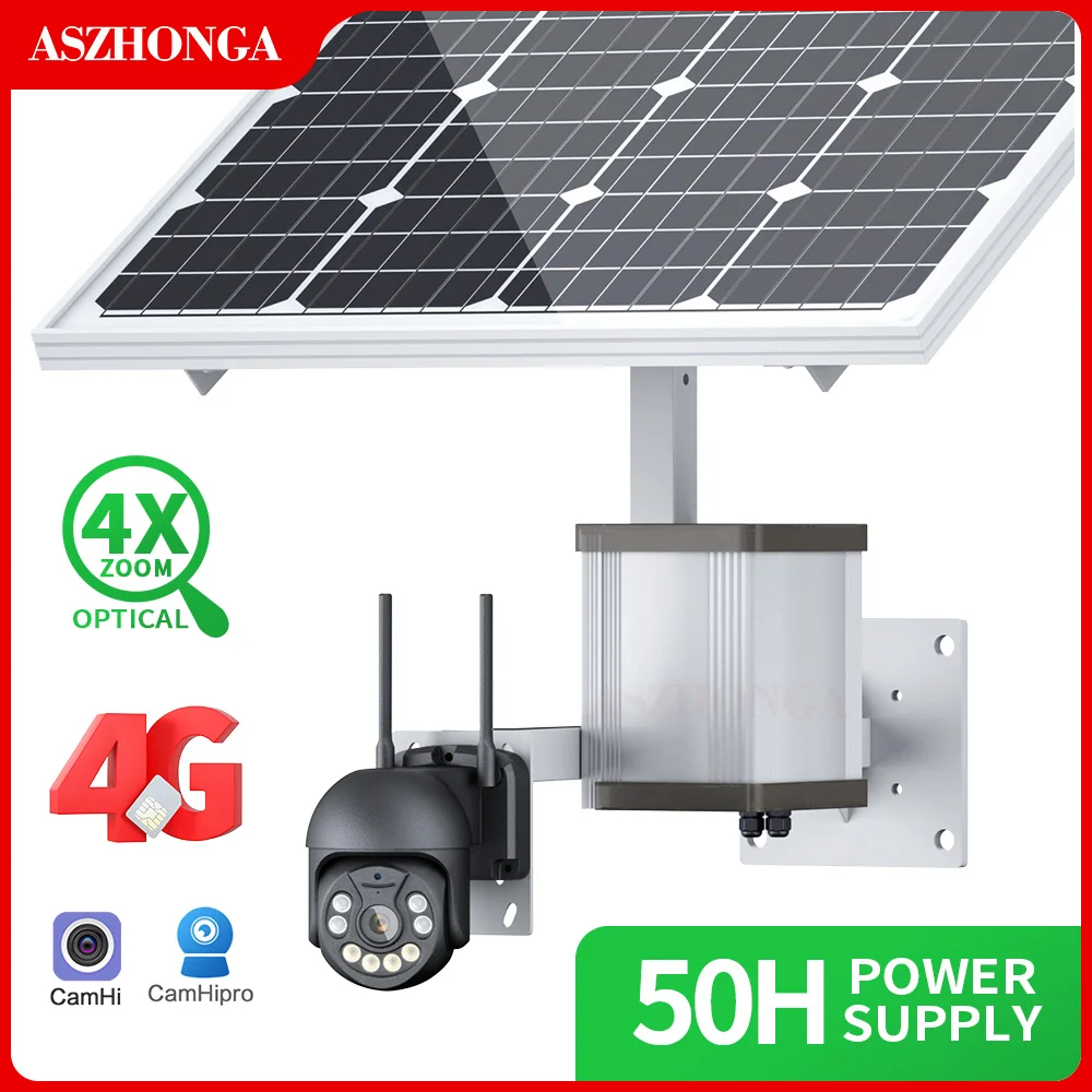 ASZHONGA  4G 2MP Solar Security IP Camera Wireless Card Outdoor PTZ CCTV Surveillance Cam 40W 20A Battery Solar Panel CamHi