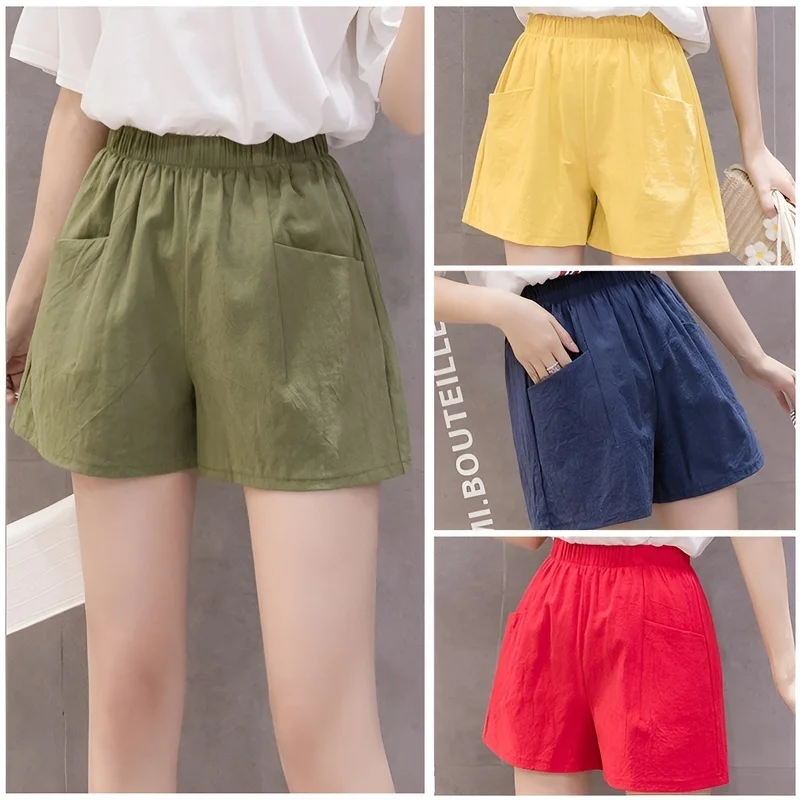 Short ample taille haute pour femmes, grande taille, en coton et lin, décontracté, couleur unie, type A, trois points fins