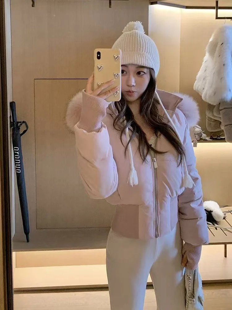 

Korean Sle ort Cotton Jaet Women's Winter Coat Small Size Slimming Waist Fur Collar Hooded Zipper Closure Color