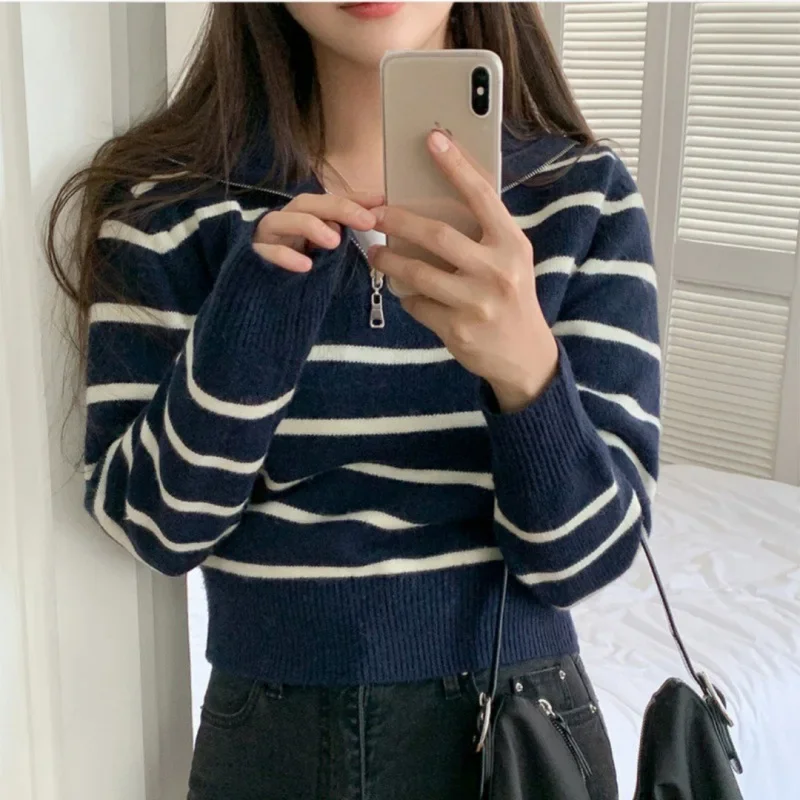 여성용 한국 레트로 하프 지퍼 네이비 칼라, 루즈 캐주얼, 다용도 긴팔 스트라이프 니트 스웨터, 3099 #