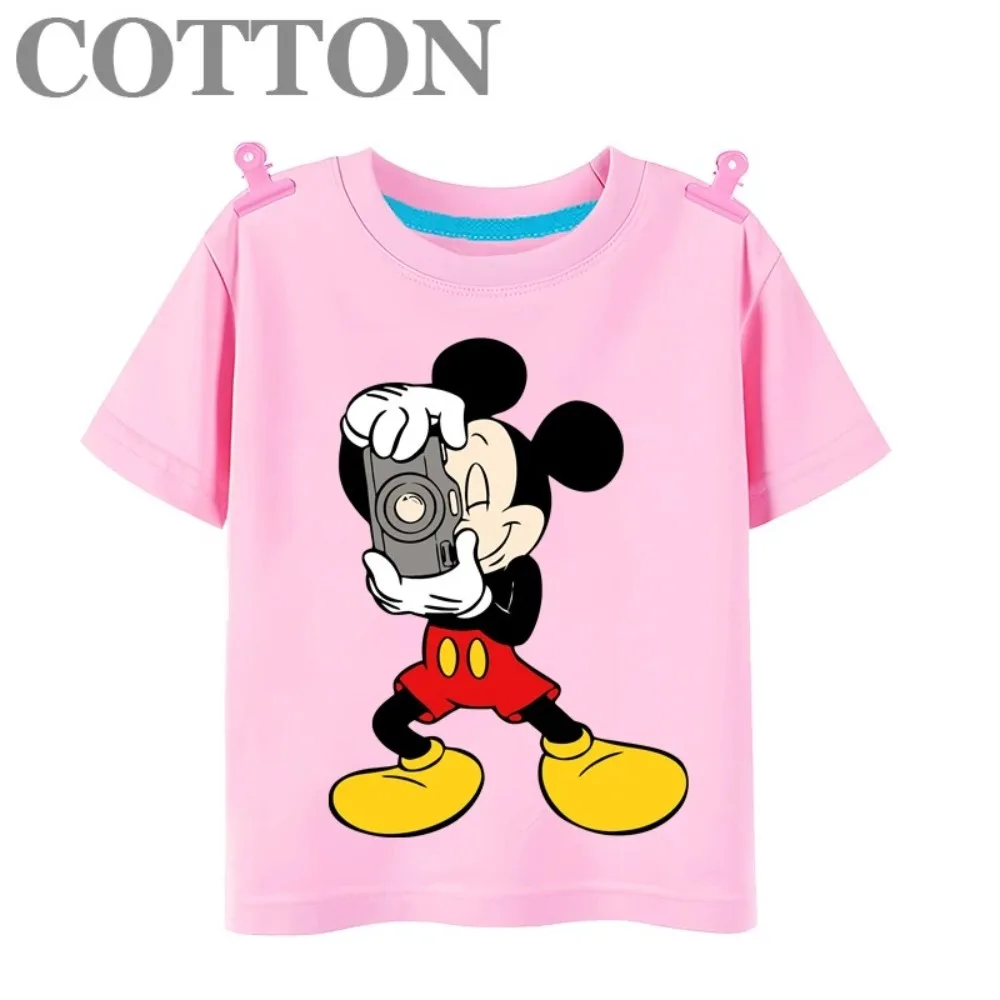 Photograph Mickey Mouse Disney Anime Fashion Cotton Summer Multicolor Children's Cartoon T-shirt Round Neck Short Sleeve Print