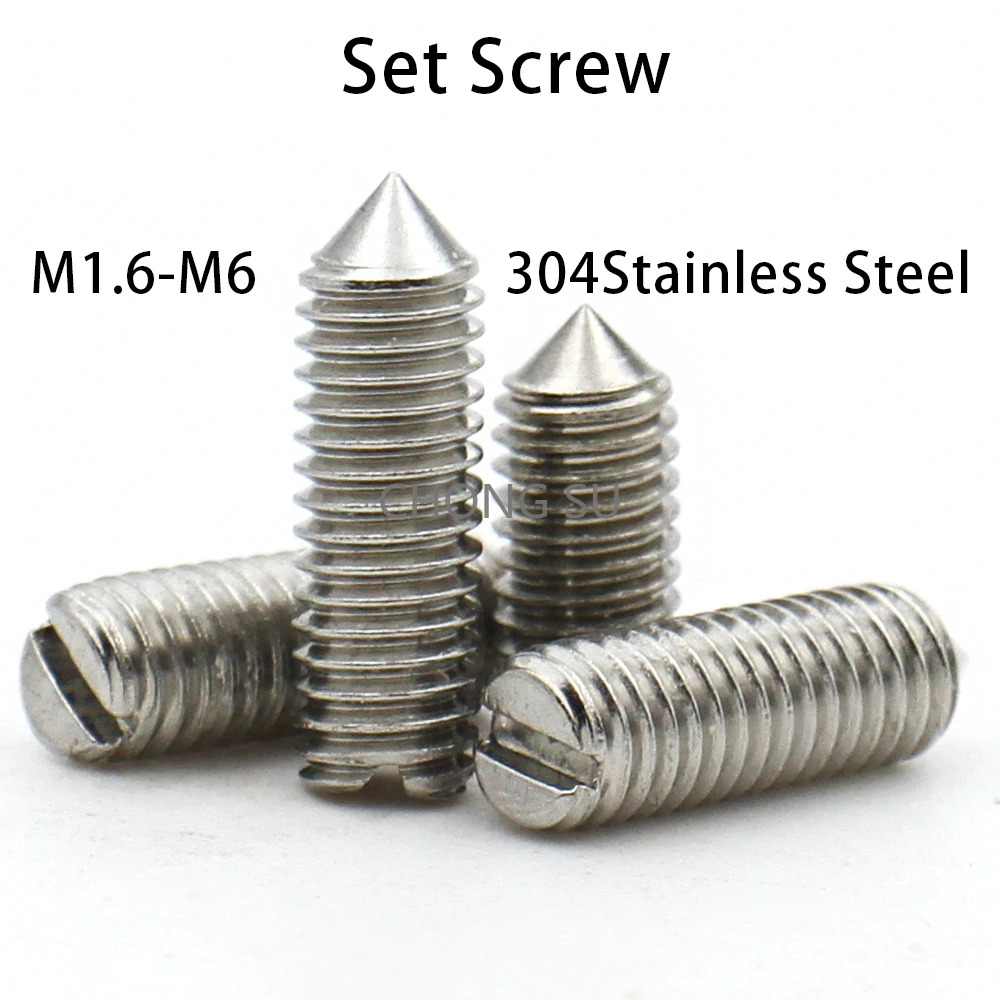 

10pcs/lot M1.6 M2 M2.5 M3 M4 M5 M6 304(A2-70)Stainless Steel Slotted Set Screws With Cone Point GB78 Machine Thread Grub Screw