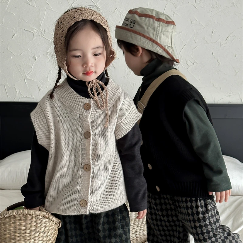 

Vinatge Baby Girls Boys Knitted Vest Kids Knit Wasitcoats Korean Fashion Children's Sleeveless Cardigan Toddler Sweater Jumper