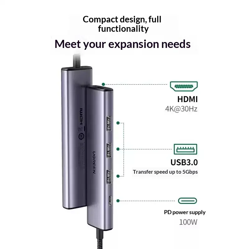 UGREEN CM511 15596 Revodok 5 in 1 USB C Hub 4K HDMI 100W PD 3 USB 3.0 Multiport Adapter for MacBook iPad Laptop
