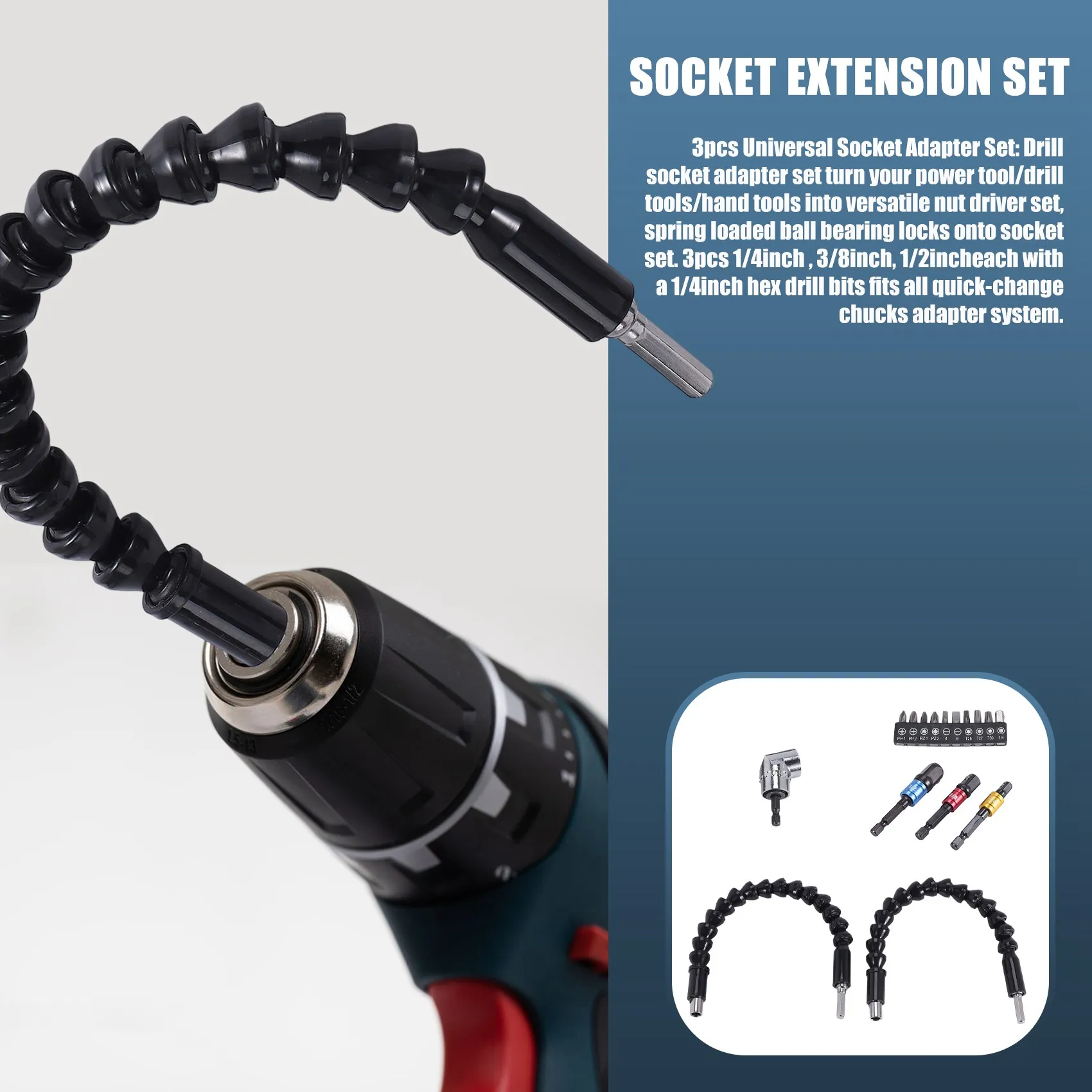 AT16 Flexible Drill Extension Hex Shank Drill Nut Driver Bit Set, 3Pcs Universal Socket Adapter Set, Screwdriver Bit Set