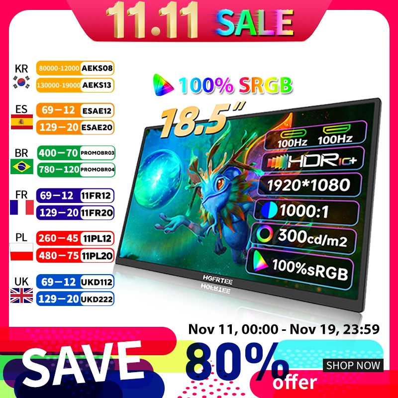 

HGFRTEE 18.5inch Portable Monitor ADS-IPS 100Hz RGB100% Extended Display Laptop Second Screen With VESA Hole&Stand