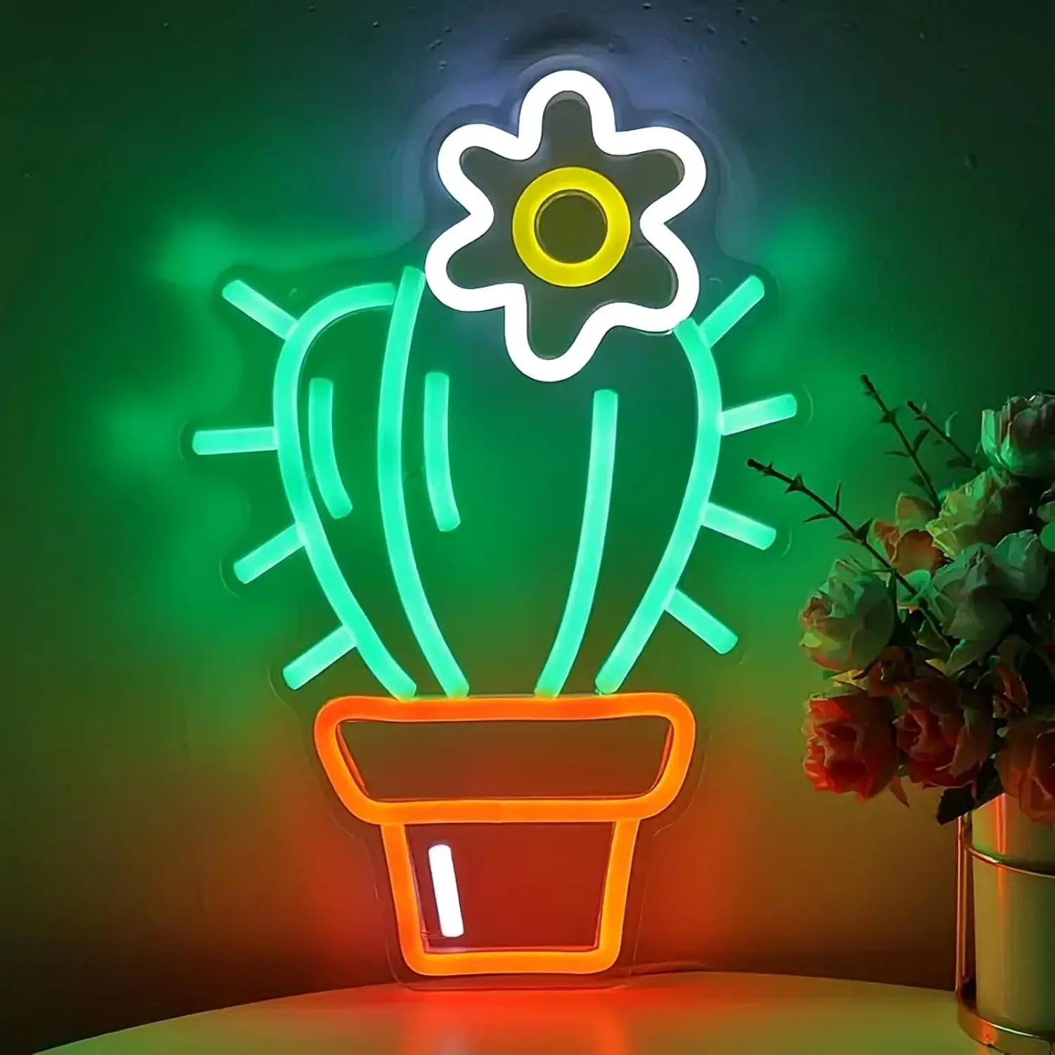  Cactus with Flower Neon Sign LED Wall Art for Bedroom Living Room Bar Decor Cute Home Plant Lighting Romantic Symbol of Gift