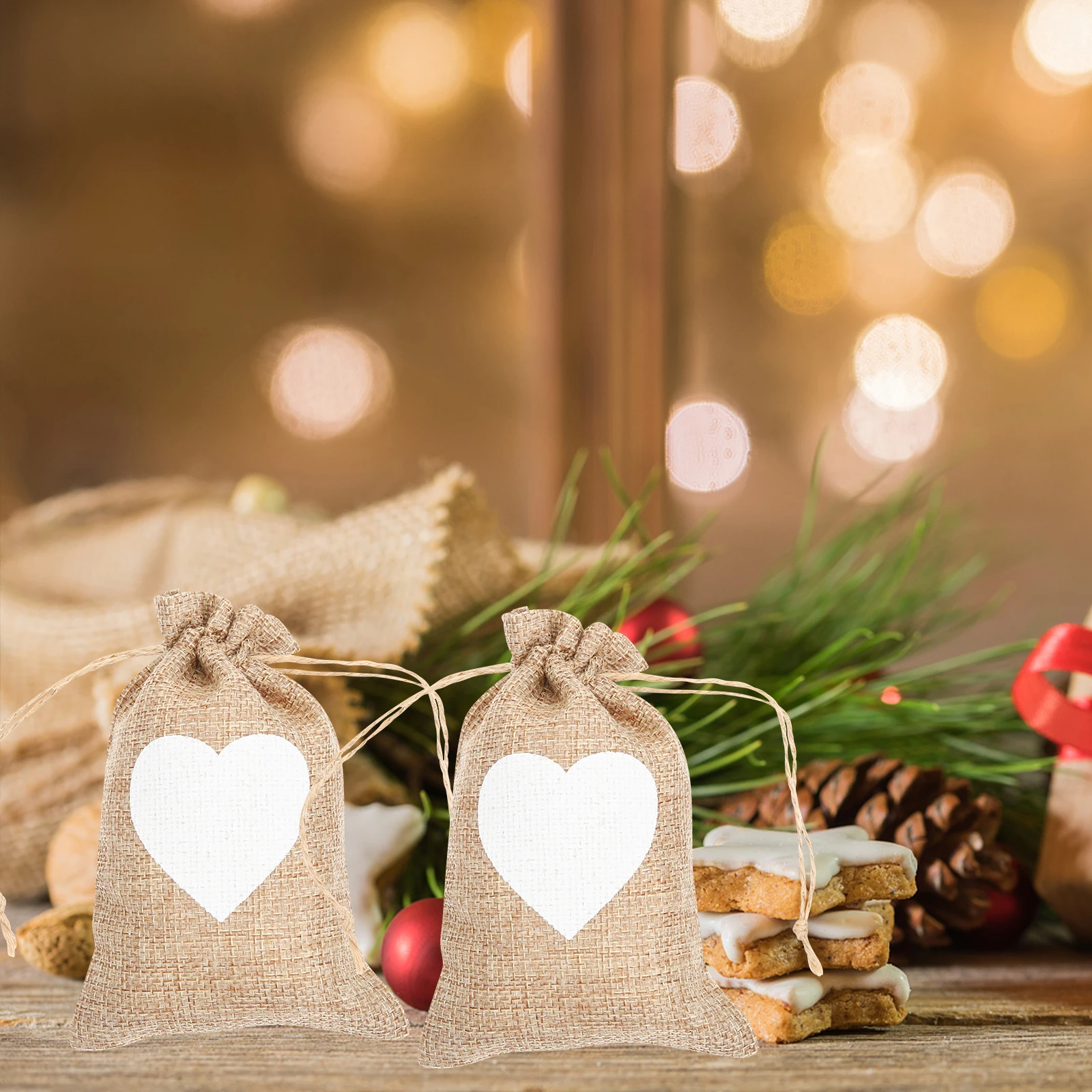 

25Pcs Beautiful Heart Design Linen Gift Pouches Drawstring Bags for Jewelry Candy Cookies Small Presents Events