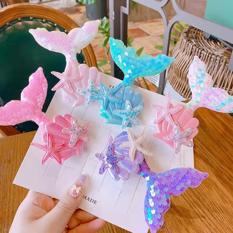 1PCS New Starfish Shell Sequin Mermaid Princess Cute Baby BB Clips Girls Hairpins Hair Clips Kids Headwear Children Accessories