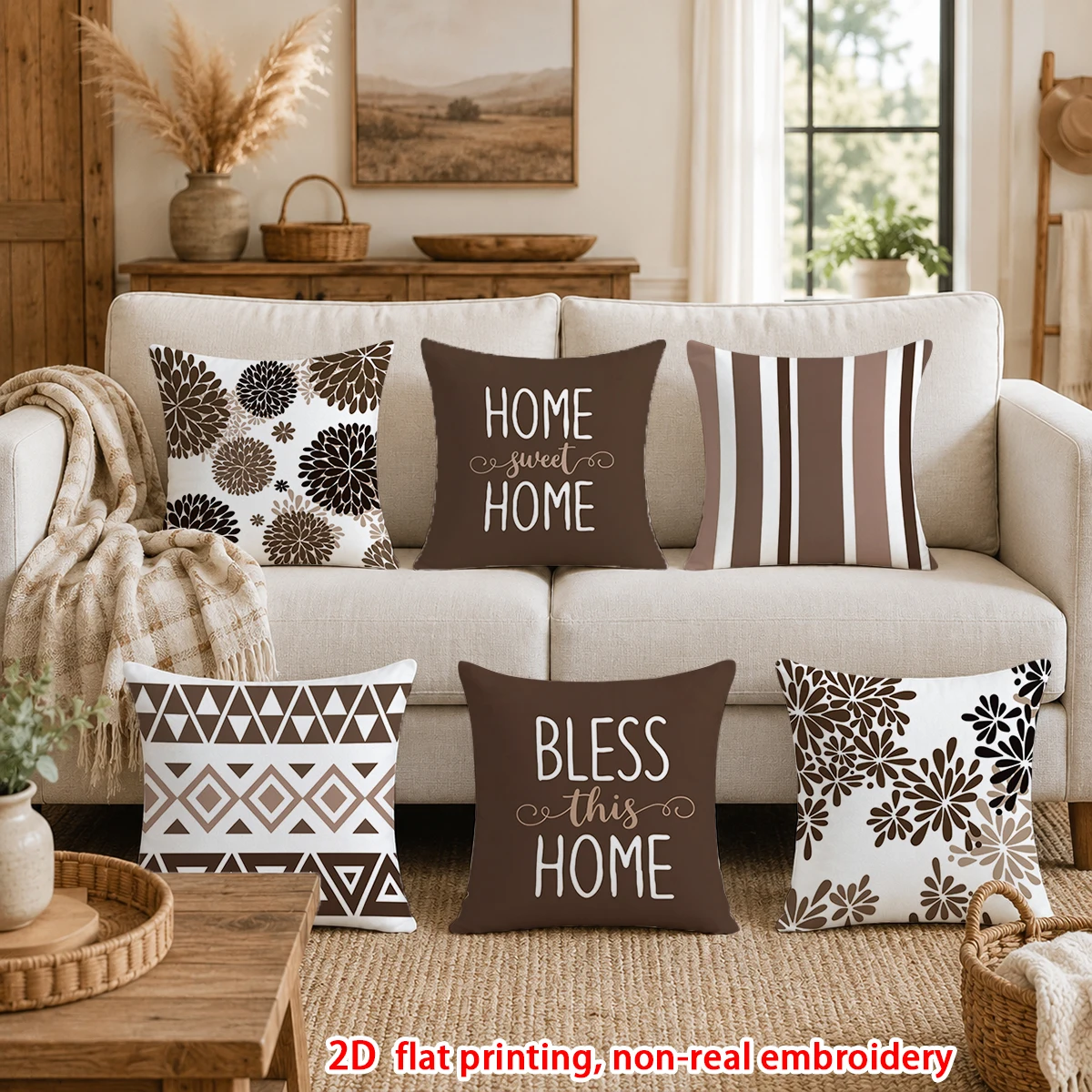 1pc  Brown Boho Throw Pillow Covers, Set of 1 Farmhouse Home Sweet Home Decorative Cushion Cases for Sofa Bedroom Living Room