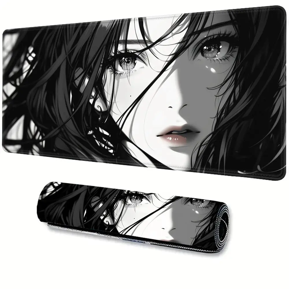 

Black and White Anime Girl Table Mat Large Mouse Pad Office Keyboard Edge Locking Desk Mat Gaming Accessories Non-slip Mousepad