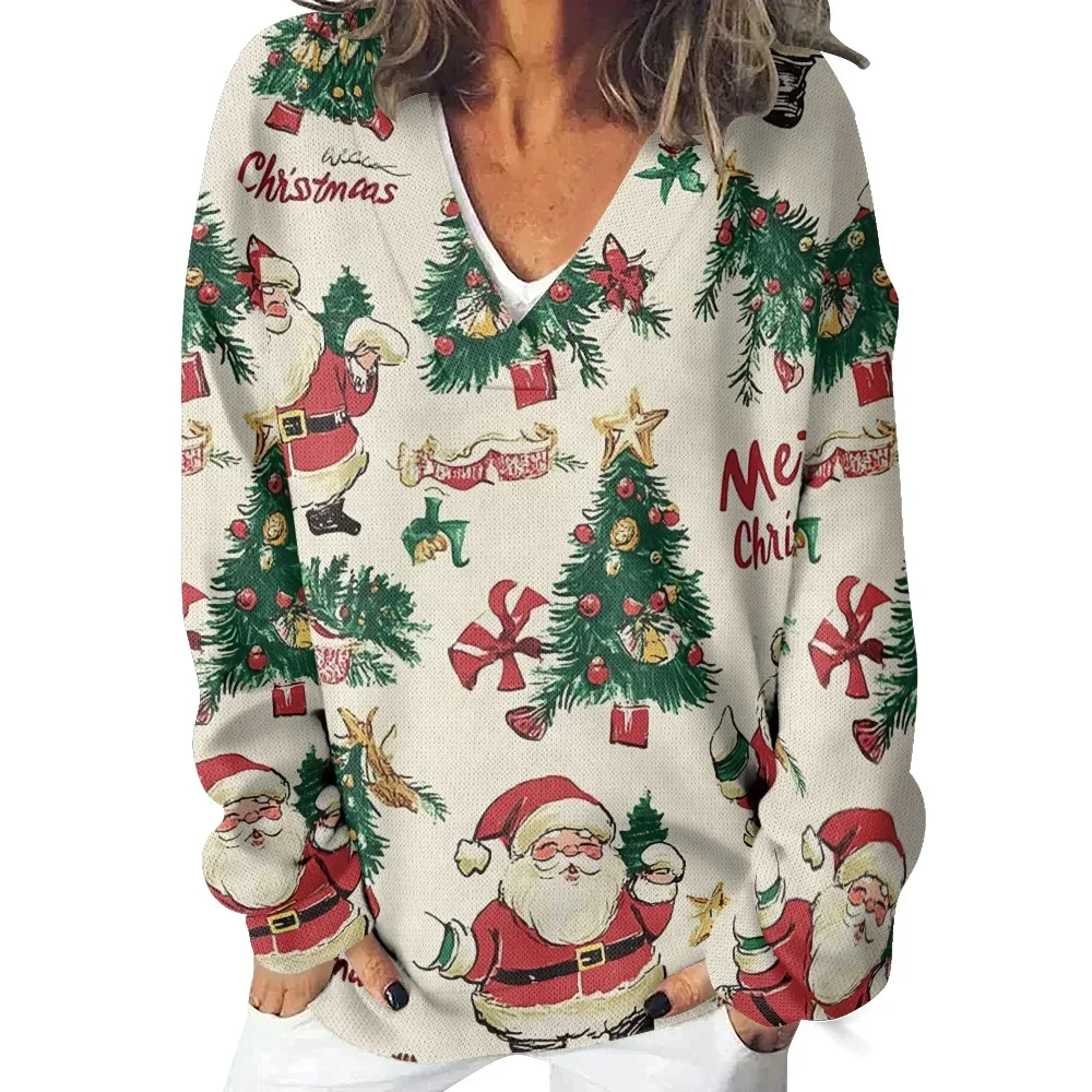 

Women Sweatshirts Vintage Santa Claus Printed Oversized Deep V Neck Winter Tops Elegent Pullovers Long Sleeve Loose Jumper