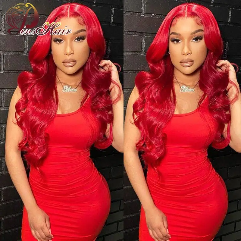 34-calowe czerwone koronkowe peruki z ludzkich włosów Body Wave 13x6 Transparent Lace Frontal Wig 99J Pre Plucked Remy 100% Human Wigs