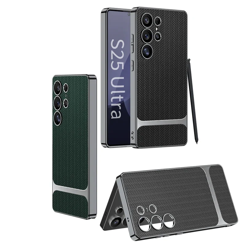 

Woven texture Leather Slim Case For Samsung Galaxy S25 Ultra 360 Full Protective Plating Edge Cover for Galaxy S25 Ultra Case