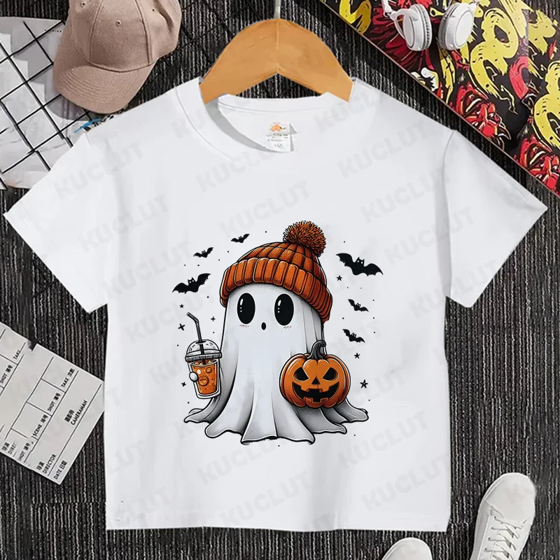 Little Boo Drinking Coffee Halloween Spooky Season Shirt Children T-Shirts Harajuku Graphic Tops Kids Summer Fashion Tshirt Tops