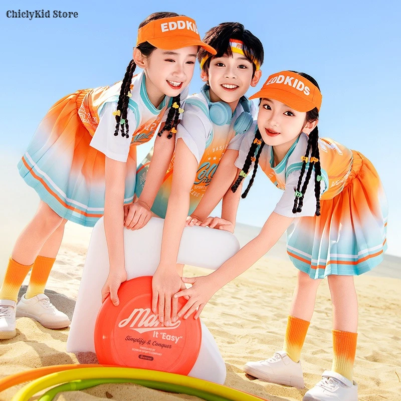 Boys Contrast T-shirt Shorts Girls Pleated Skirts Kids Summer Students School Uniforms Children Cheerleader Dance Clothes Sets