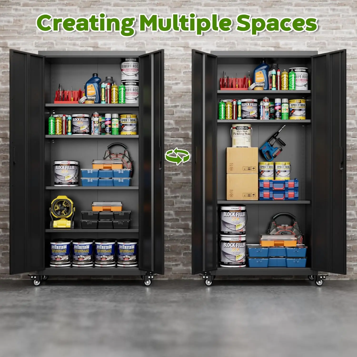 Garage Storage Cabinet with Optional Wheels,73" Metal Lockable File Cabinet with 2 Doors and 4 Adjustable Shelves,Tool Storage,