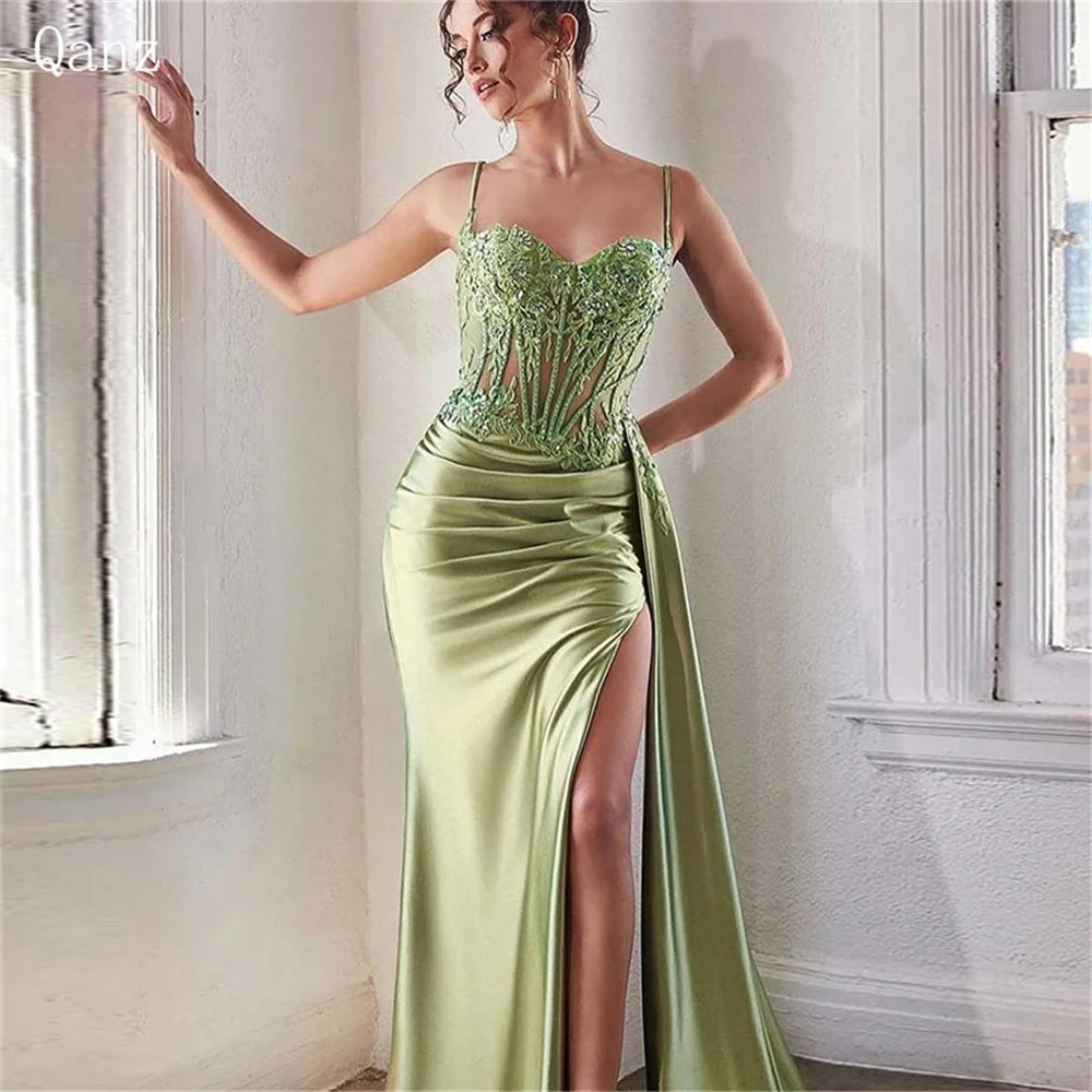 Qanz Sage Green Sexy Evening Dresses Slit Spaghetti Straps Vestidos Para Eventos Especiales Appliques Party Gowns Customized