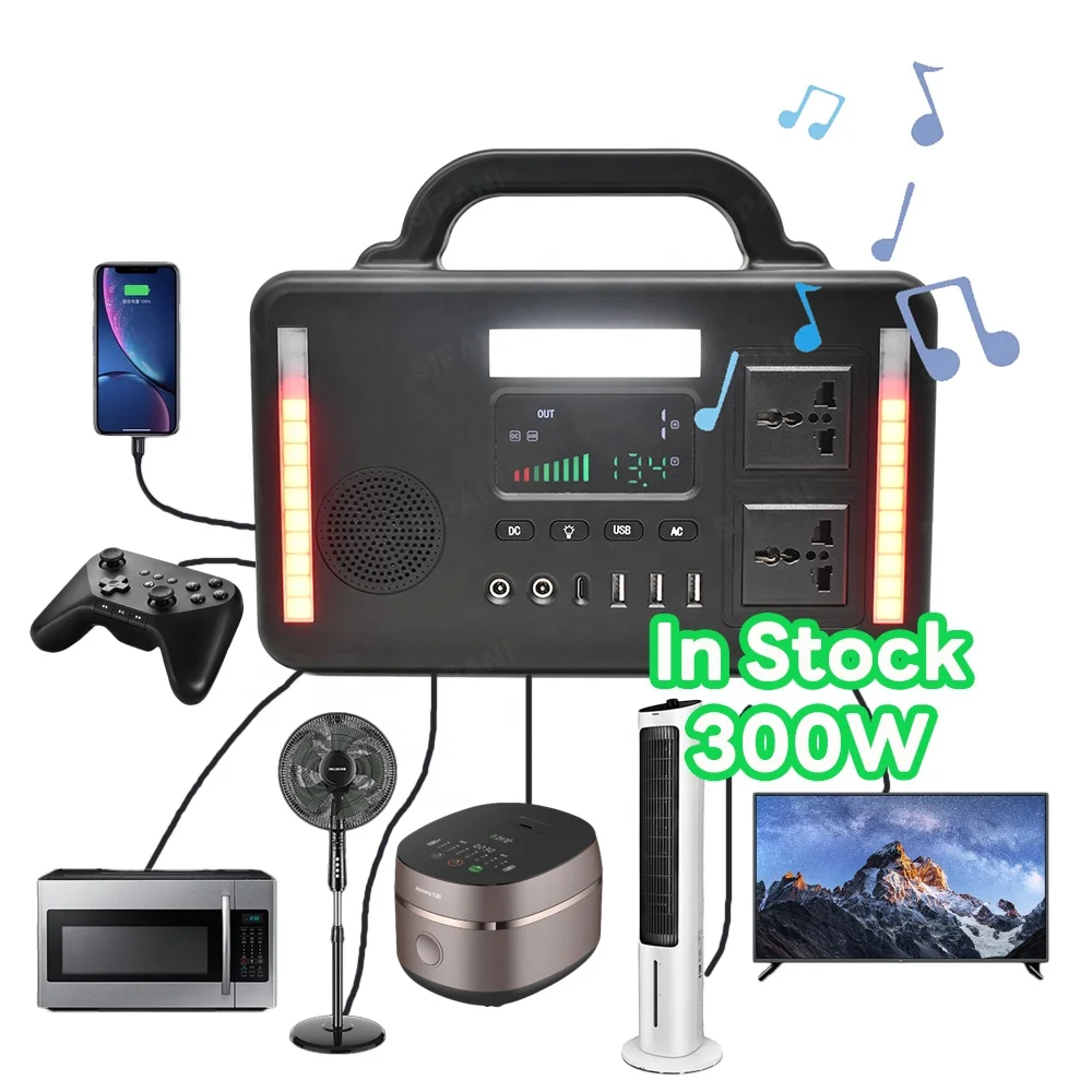 

Outdoor 110v 220v Lifepo4 Lithium Ion Cell High Capacity Bluetooth Speaker Portable Solar Power Station 300w Camping Power Bank