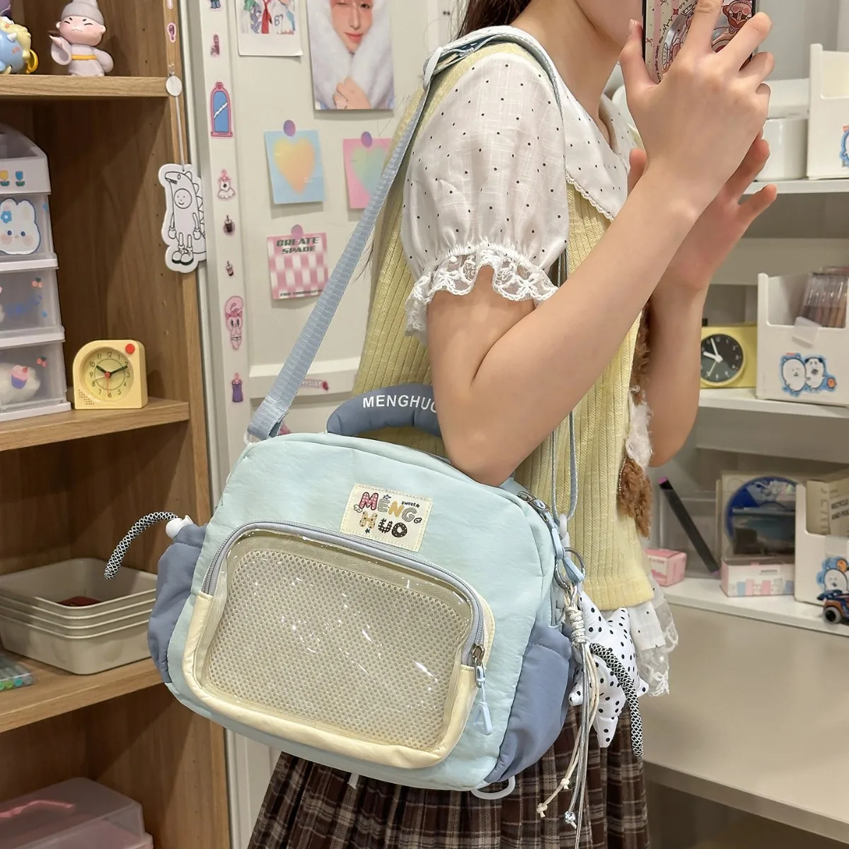 Kawaii Mini Ita Backpack with Clear Mesh Pocket Convertible Handheld Crossbody Bag Handheld Shoulder Bag for Anime Pin Display