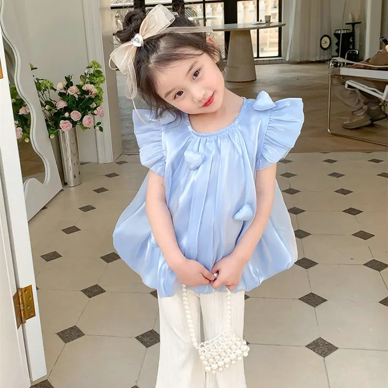 Girls' Suit Mercerized Cotton Three-Dimensional Love Top plus Slim-Fit Micro Flared Pants25Summer New Foreign Trade Children's W