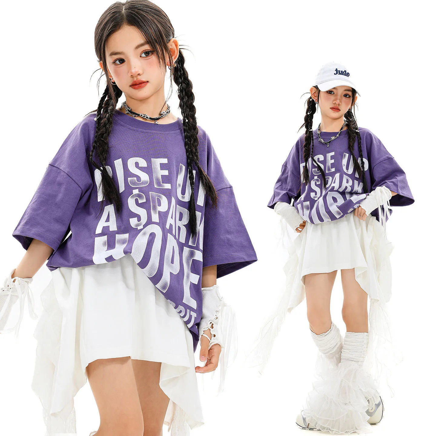 Criança kpop hip hop roupas letras roxas t camisa topo branco rua rendas cinta mini saia para menina jazz dança wear traje roupas