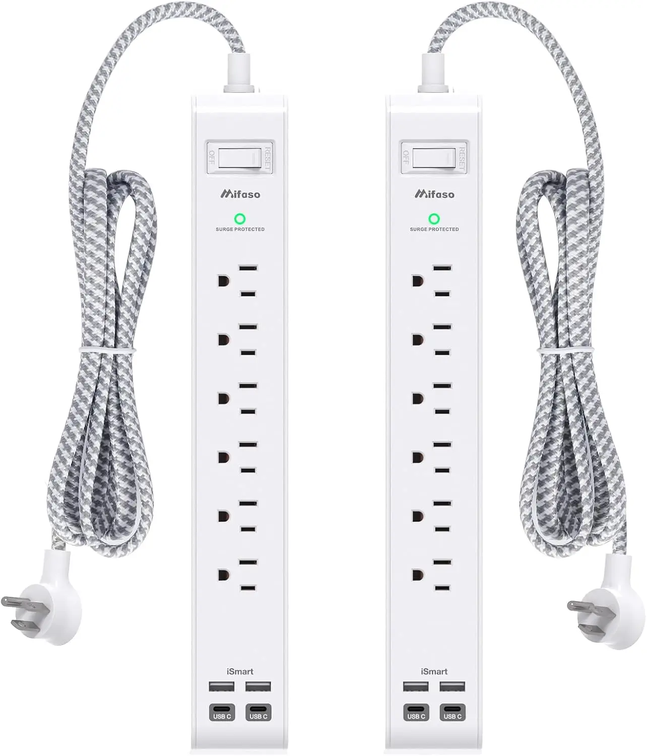 

Набор из 2 удлинителей с 6 розетками, 4 USB-портами (2 USB-C), удлинительным кабелем 12 футов, плоским штекером и защитой от перенапряжения для дома и офиса
