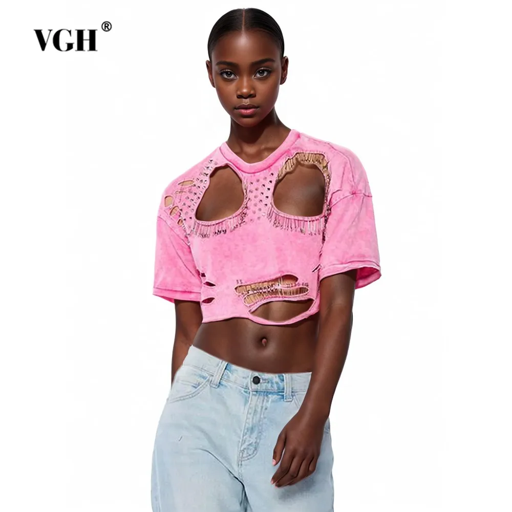 

VGH Solid Hollow Out Patchwork Metal Sexy T Shirt For Women Round Neck Short Sleeve Streetwear Loose Tops Female Fashion Style