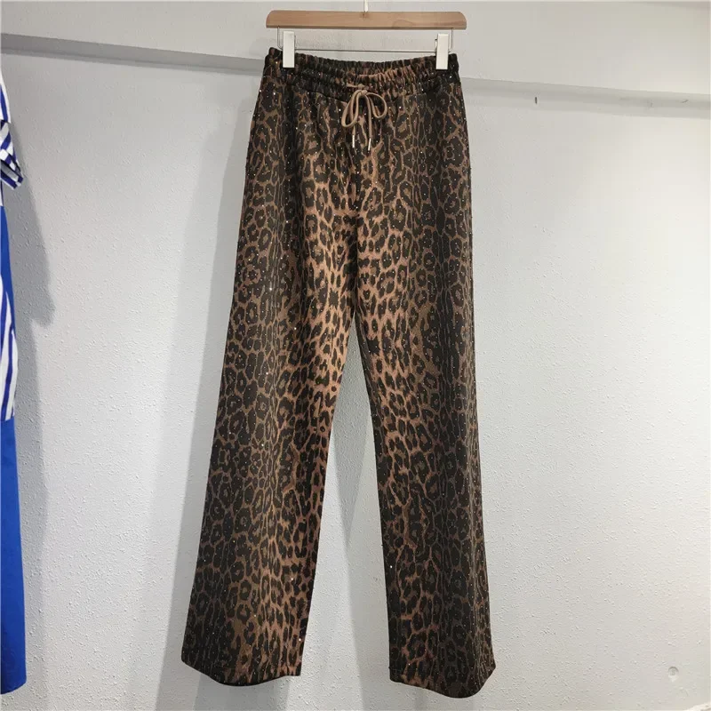 Chic Rhinestones Leopard Printed Hooded Jacket Hot Drilling Diamond Beads Coat Zipper Tops + Wide Legs Crystal Pants 2Pcs Set