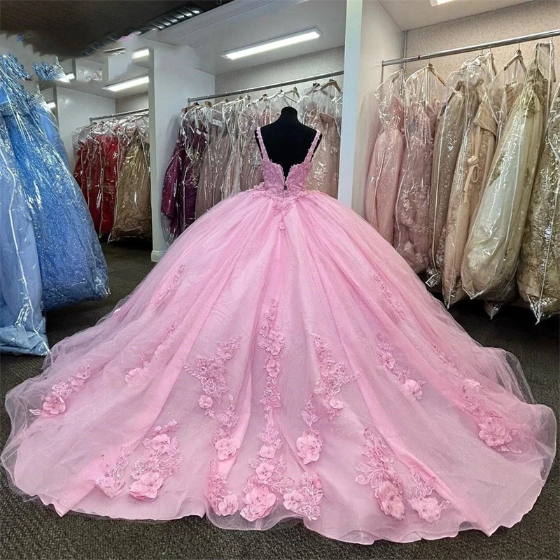 فساتين Quinceanera وردية صور حقيقية ، أشرطة ثلاثية الأبعاد مزينة بالزهور اليدوية ، مزينة بكريستال من التل الحلو 16 فستان Vestidos De 15 Años