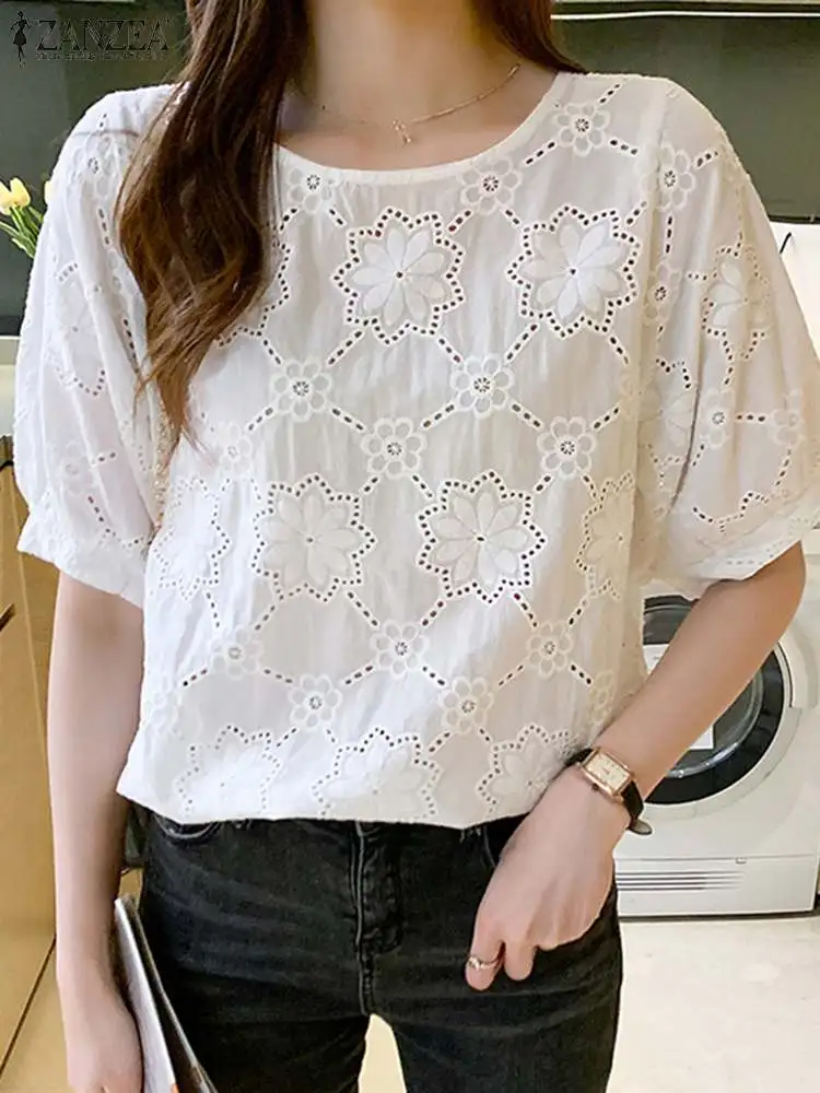 ZANZEA Fashion Lace Crochet Blouse Women Summer Short Sleeve Hollow Out Tops Casual Female Blusas Elegant Holiday Party Shirt