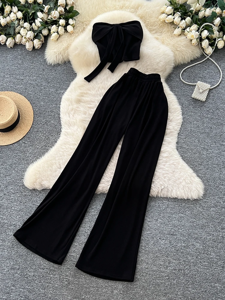 Set Celana Panjang High Waist Wide Leg Wanita dengan Atasan Bandeau Svel dan Rompi Kasual Berikat Model Drapey untuk Musim Panas