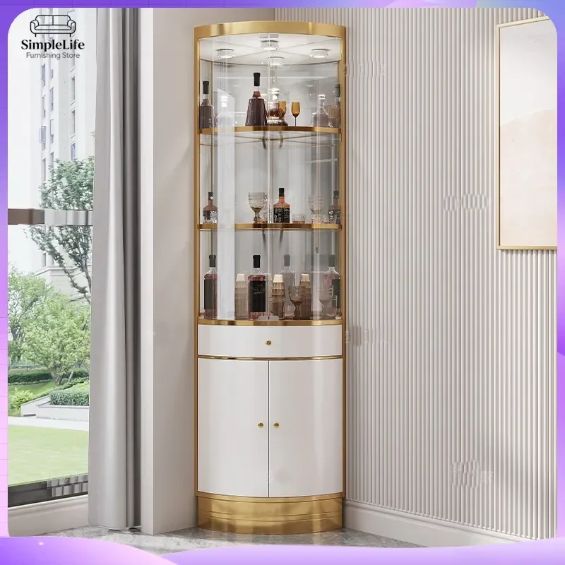 Light Luxury Stainless Steel Titanium Mirror Wine Cabinet for Home Living Room Corner Floor Triangle Fan Shaped Storage