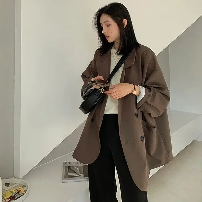 2025 Blazer oversize Donna Autunno Manica lunga Abito nero Streetwear Giacca allentata coreana Cappotto autunno primavera Doppio petto outwea