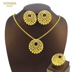 SUNNESA African Dubai Jewelry Set for Women Round Pendant Necklace Clip Earrings Hollow  Senegal Bridal Jewellery Trendy Ring