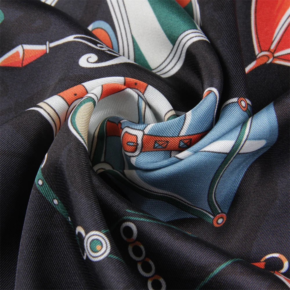 90cm Twill Silk Scarf Shawl Luxury Brand Carriage Wheel Print Square Scarves Women Hijabs Bandana Silk Foulards Neckerchief