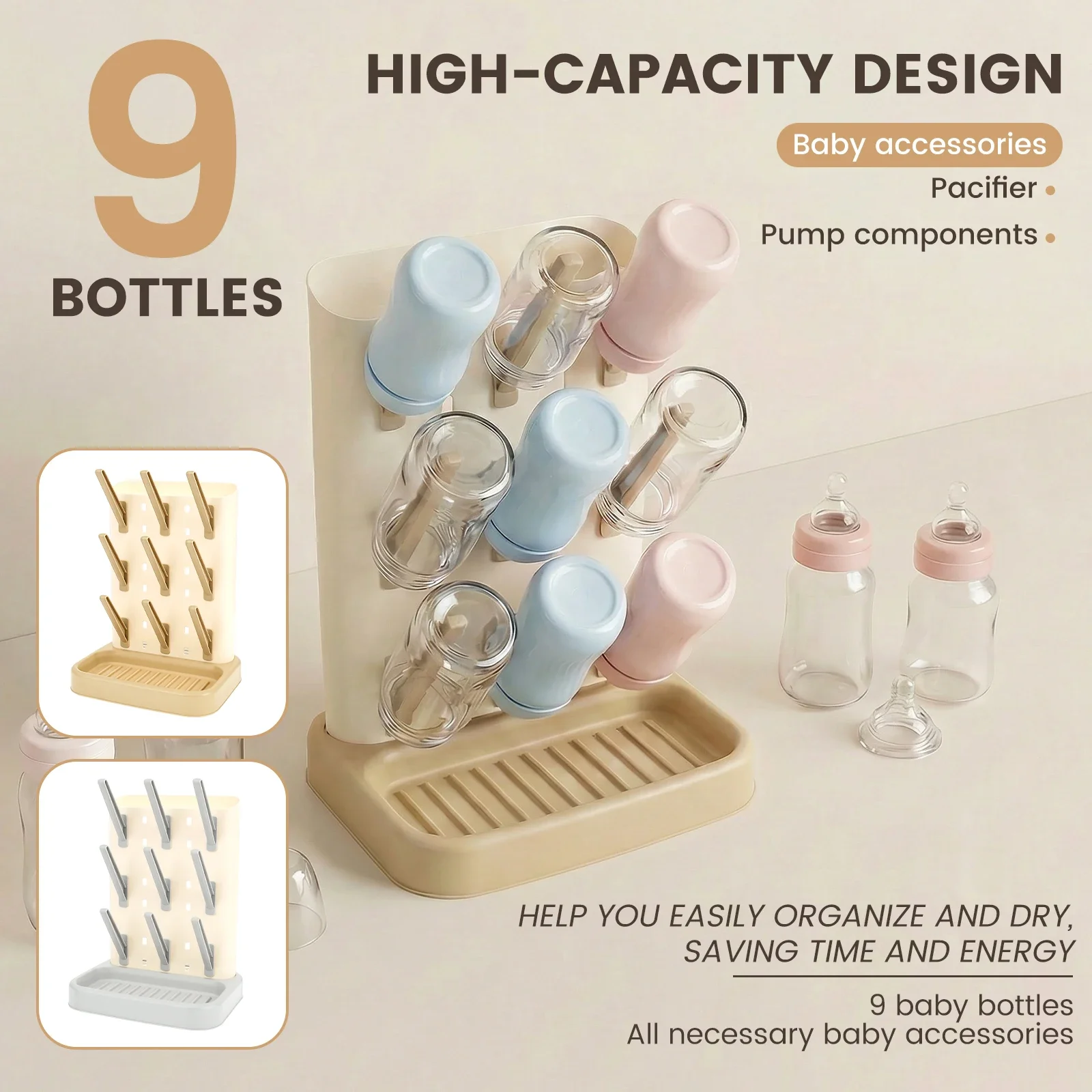 Baby Bottle Drain Rack Large Capacity Vertical Standing Bottle Dryer Holder with Detachable Bottom Drip Tray Water Cup Organizer