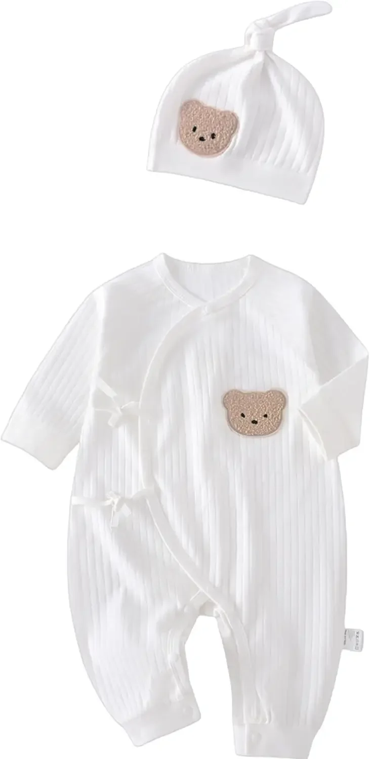 Somenie Baby-Set aus geripptem Strampler und Mütze mit Bärenapplikation, Baby-Body aus 100 % Baumwolle, weiß, langärmlig