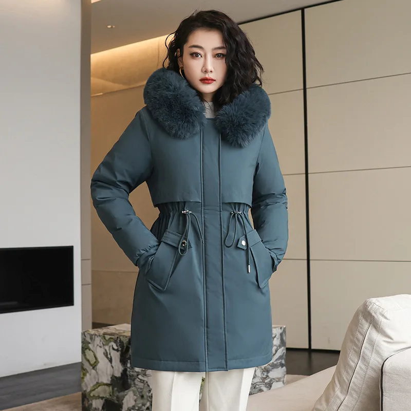 Jaqueta de parka com capuz para mulheres, casaco comprido, parkas de lã fina com gola de pele, sobretudo solto quente, moda feminina, inverno novo, 2024