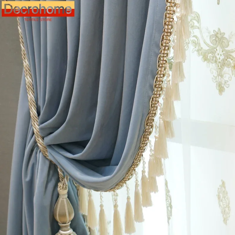 

European Light Luxury Velvet Fabric Curtain Study Villa Solid Color Patchwork Lace Curtains for Living Dining Room Bedroom