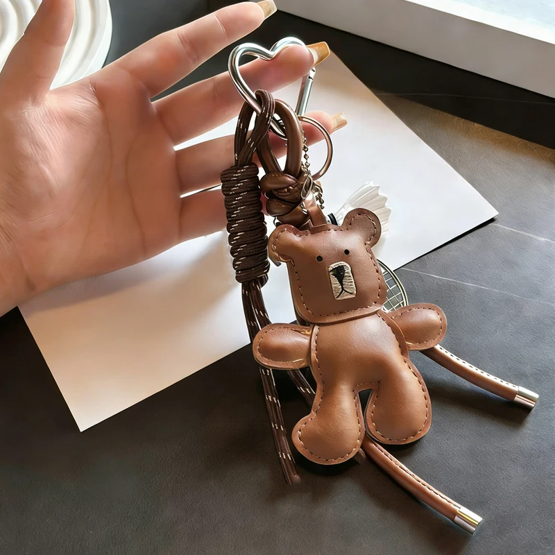 

Fashion Series Leather Movable Limbs Coffee Bear Pendant Keychain Cute Alloy Bear Bag Braided Shoelace Lanyard Key Chain Gift
